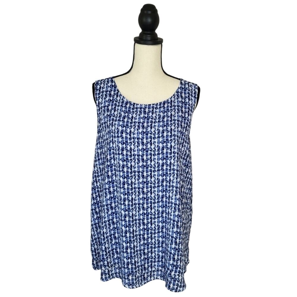 Chicos Blue White Patterned Layered Flowy Sleeveless Blouse Split Back Tank Sz L